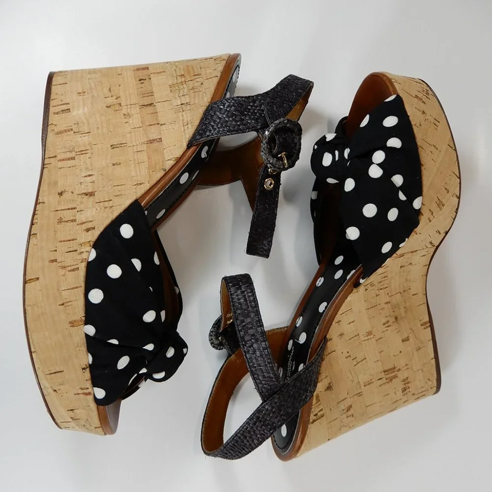 DOLCE & GABBANA Polka Dot Knot Cork Wedge Platform SANDALS Size 41 10.5 11 NEW - Picture 4 of 14